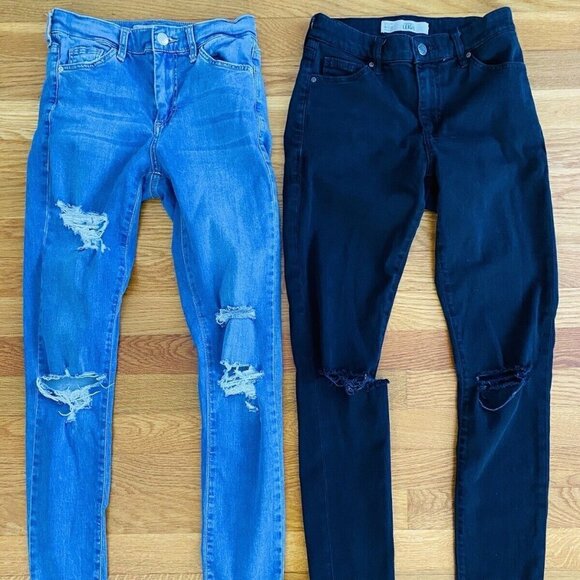Topshop Denim - Top Shop Moto Leigh Two Pairs Jeans Black and Light Wash Ripped Jeans, 25 x 32